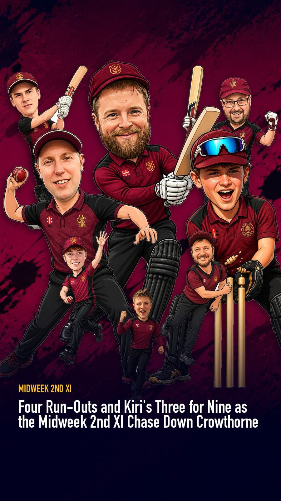 Binfield Cricket Club midweek 2nd XI matchday graphic with caricature players in claret and black kit and a headline about chasing down Crowthorne