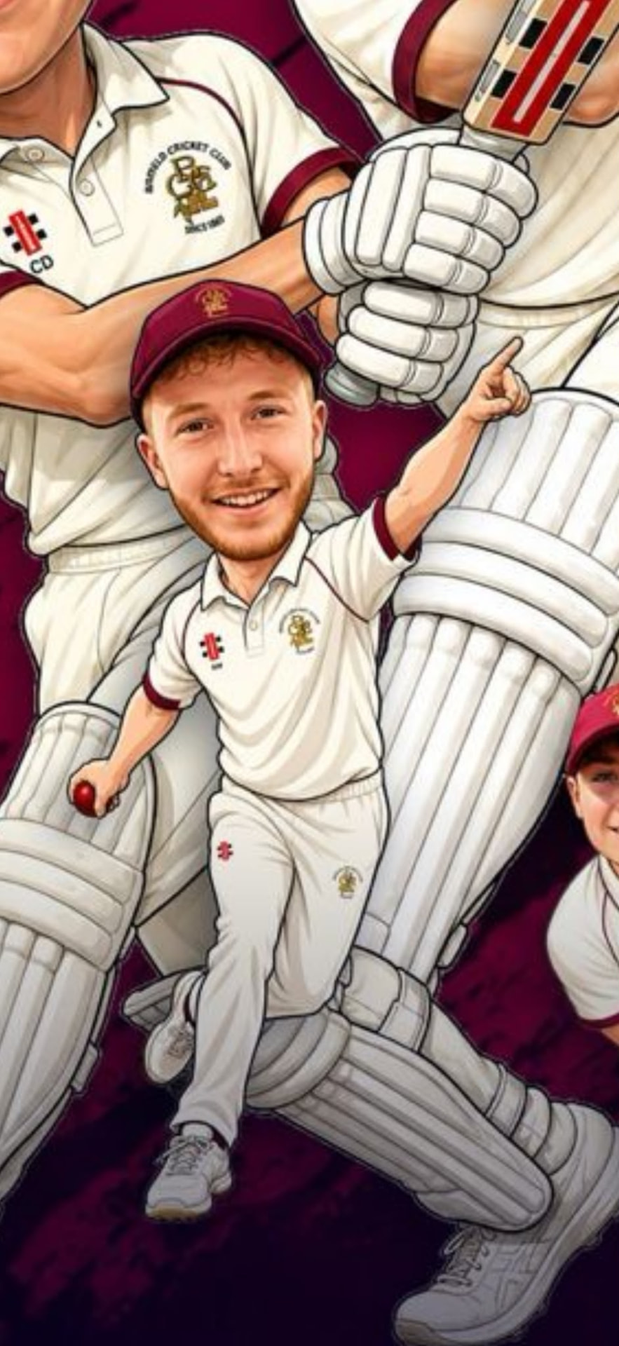 Binfield Cricket Club player feature graphic with a caricature cricketer in club whites against a claret background
